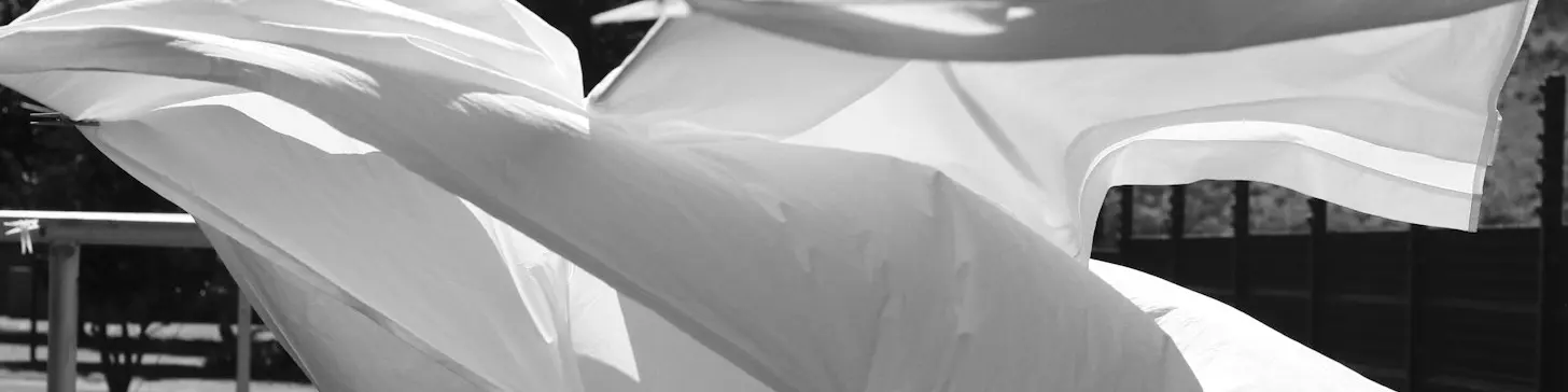 White sheets on an outdoor line, blowing in a strong wind.